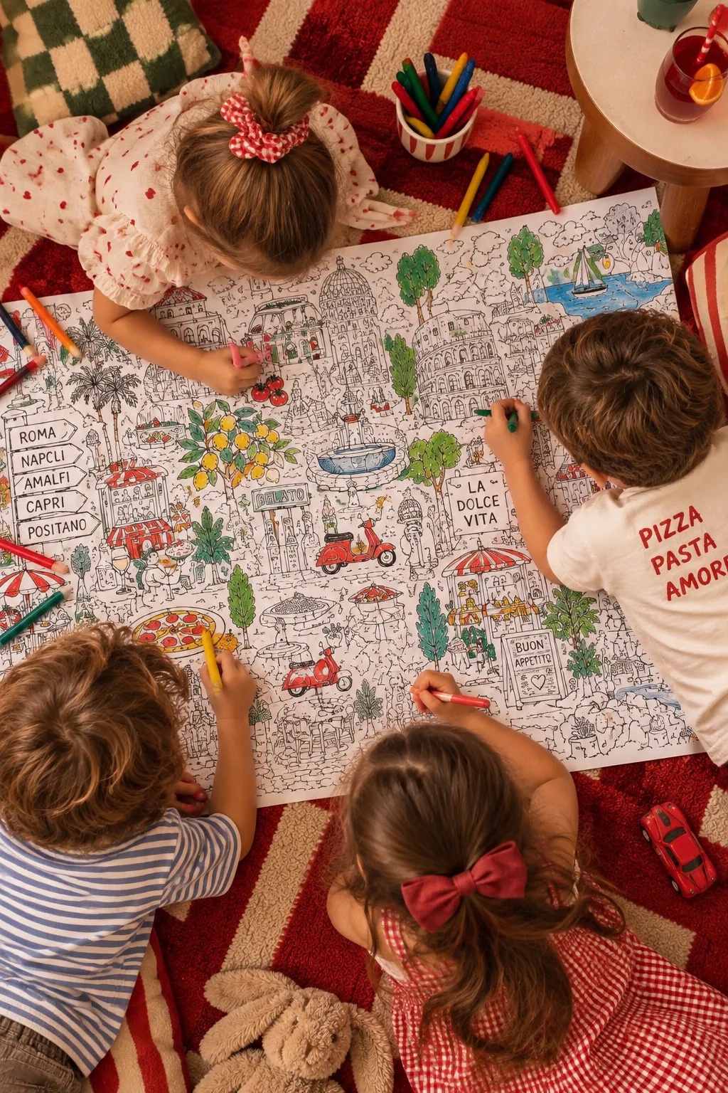 Enfants qui colorient une grande fresque de l'Italie pendant le brunch